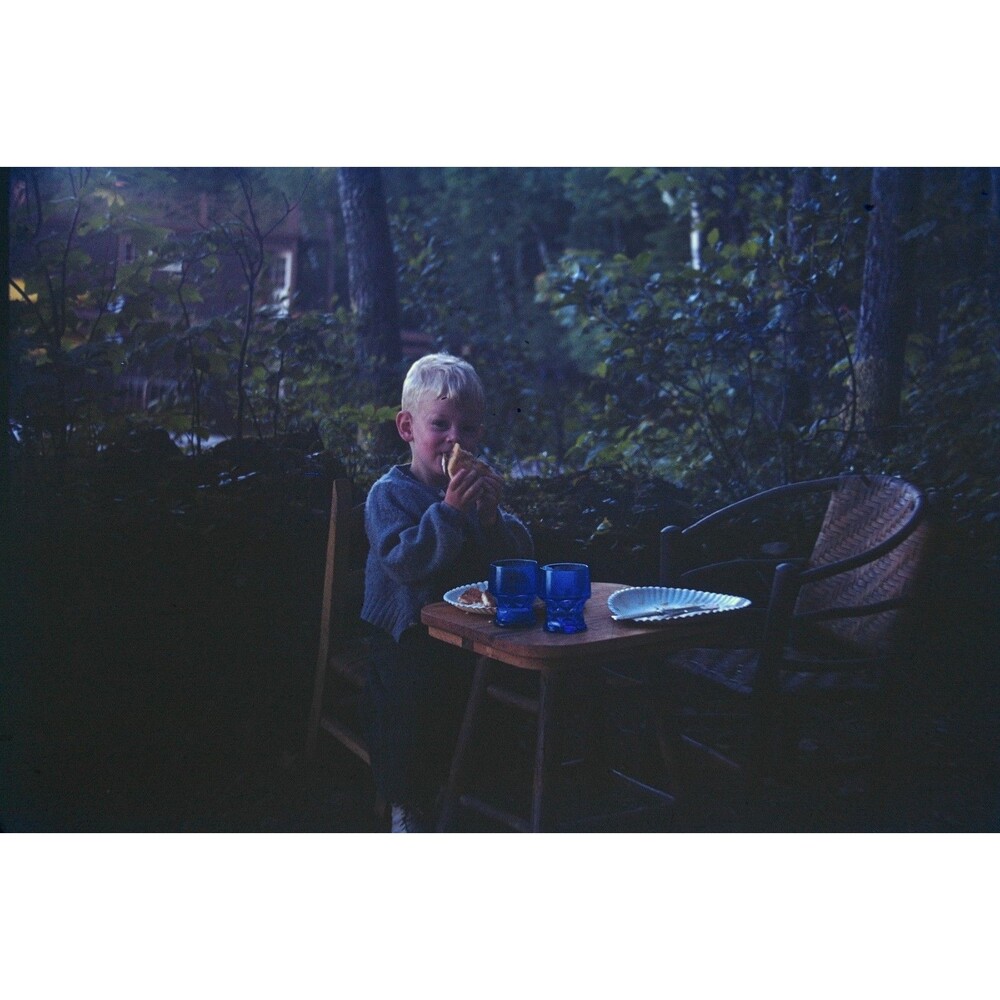 Kodak Slide 1940s Red Border Kodachrome Blonde Haired Child Eating Food Outdoors